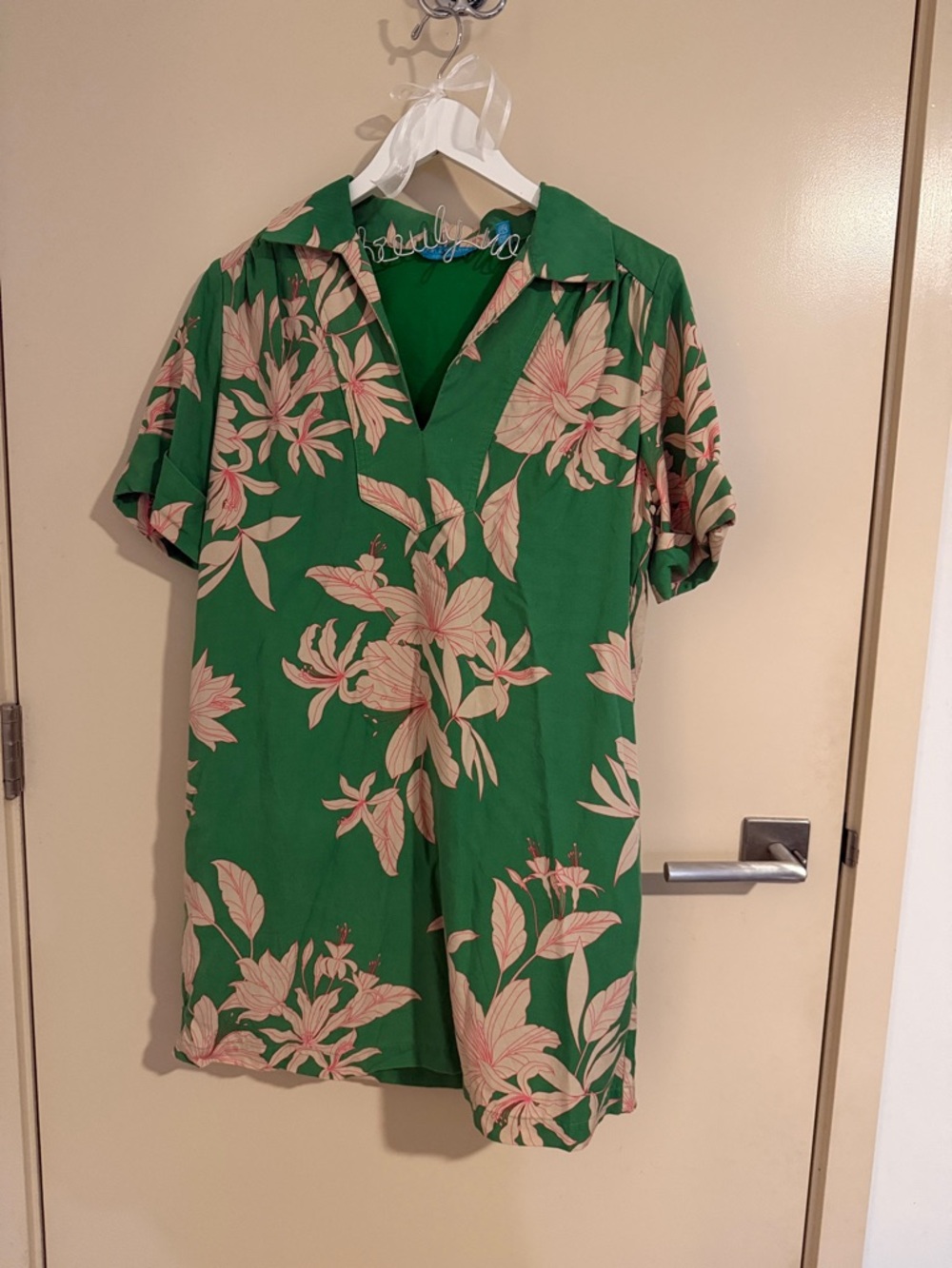 Tori Richard Green Short-Sleeve dress with Pink Floral Print